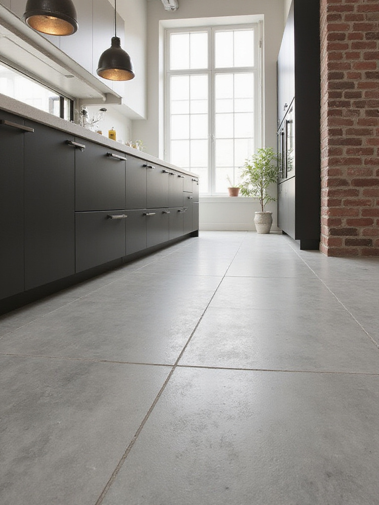 Large format grey concrete-look porcelain tiles on a modern industrial kitchen floor with exposed brick and metal accents.