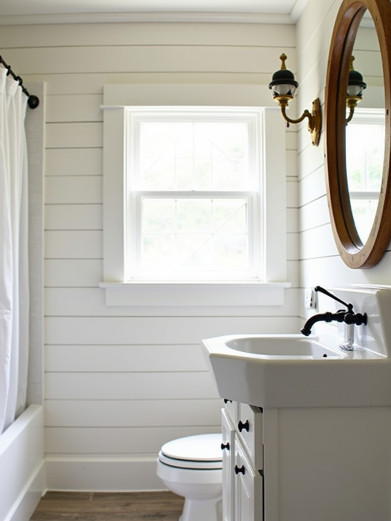 Farmhouse bathroom with white shiplap walls and vintage decor.
