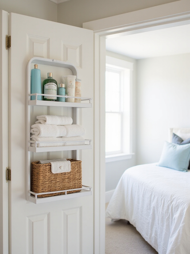 Small bedroom with white over-the-door organizer filled with towels and toiletries.