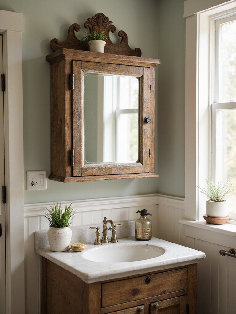 Vintage medicine cabinet in a farmhouse bathroom with rustic decor