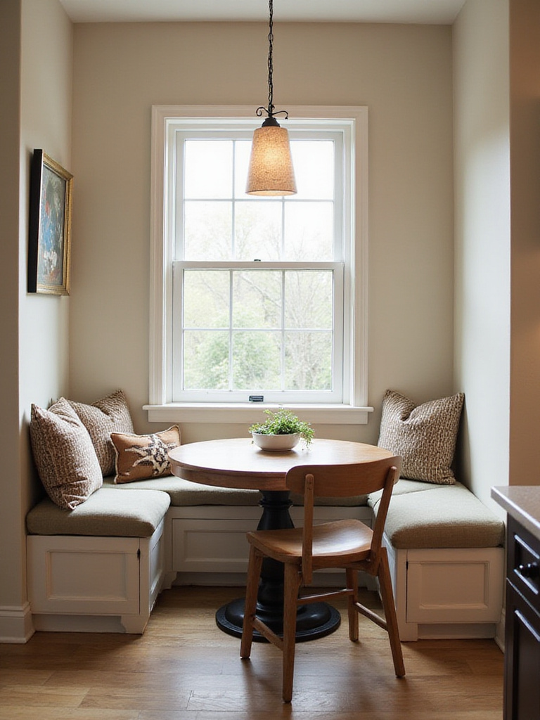 Cozy seating area in a modern kitchen with a banquette and small table