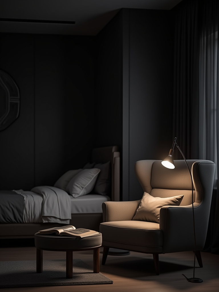 A bedroom with dramatic dark charcoal walls and strategic lighting, creating an enveloping "literary cocoon" for reading.