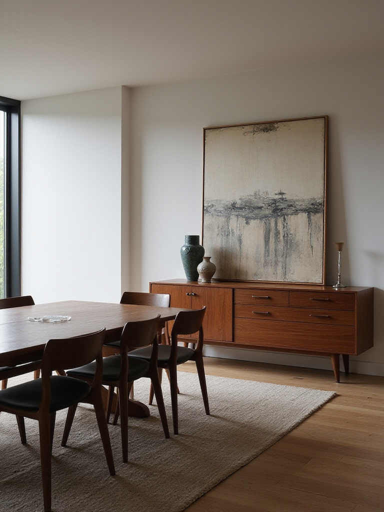 Stylish mid-century modern sideboard in an elegant dining room, providing storage and a surface for decor and serving.