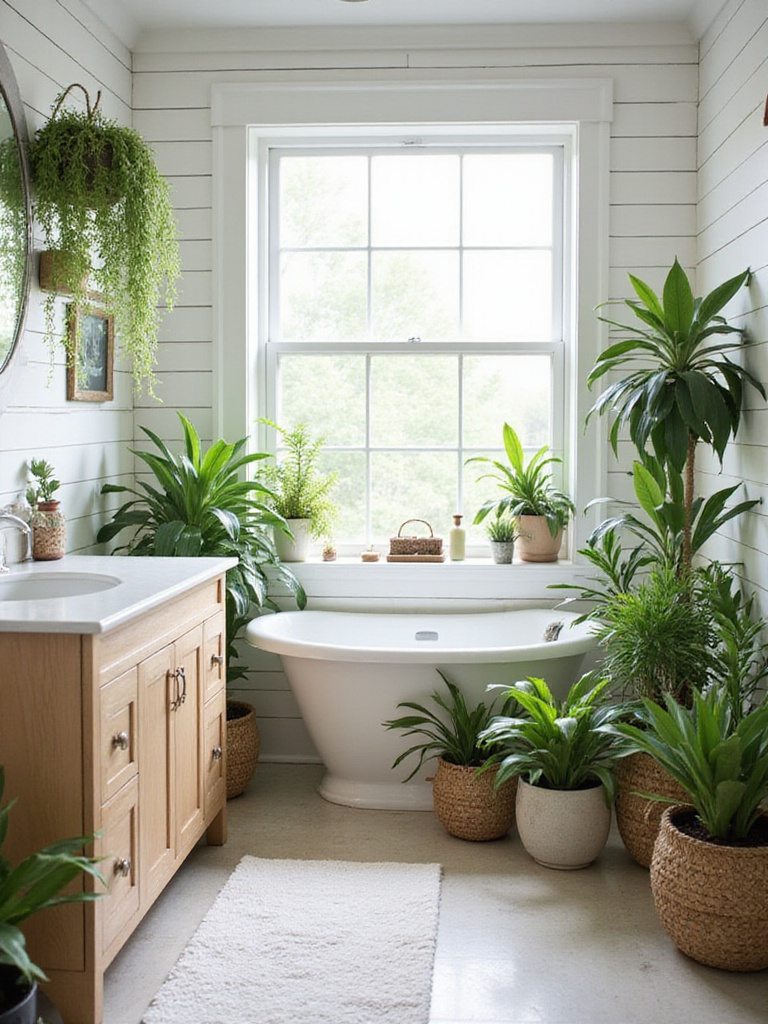 A serene coastal bathroom with white subway tile, wood vanity, and shiplap walls, featuring lush green plants in decorative pots, illuminated by soft natural light.