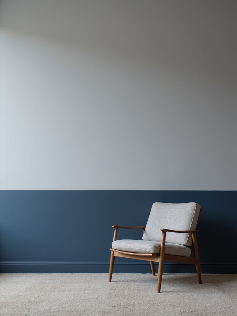 A bedroom showcasing two-tone walls with a darker lower band and lighter upper band, adding architectural interest to the reading space.