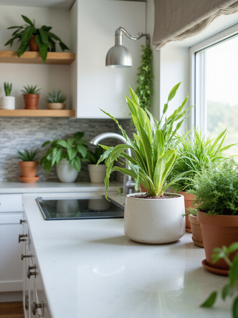 A vibrant kitchen filled with indoor plants enhancing the space's aesthetic.