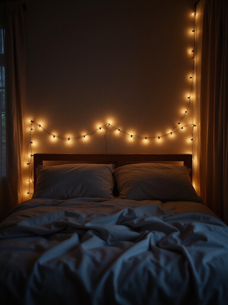 Bedroom with string lights behind headboard creating a warm ambiance.