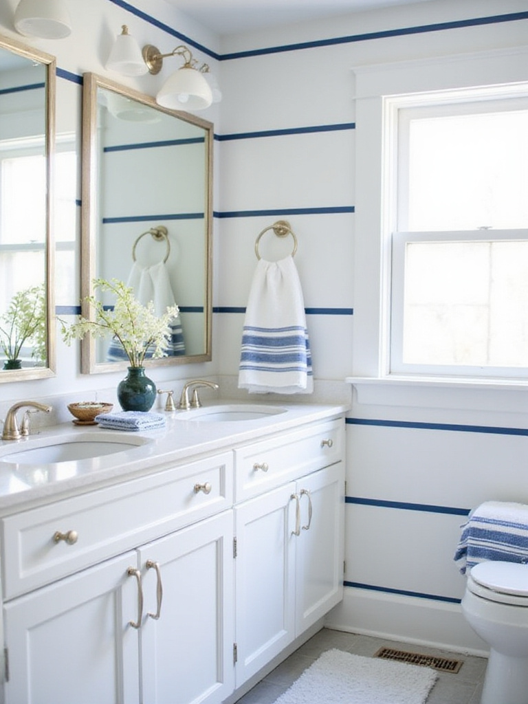 Coastal bathroom with navy blue and white horizontal stripes on the wall behind a vanity. Features a white countertop, mirror, window, and striped towels.