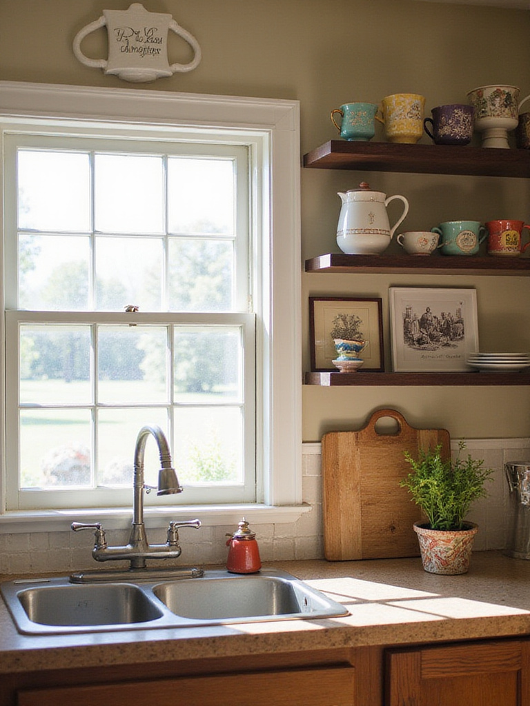 Kitchen with personal touches: open shelves with pottery, framed art, vintage cutting board, herb pot. Warm, inviting space.