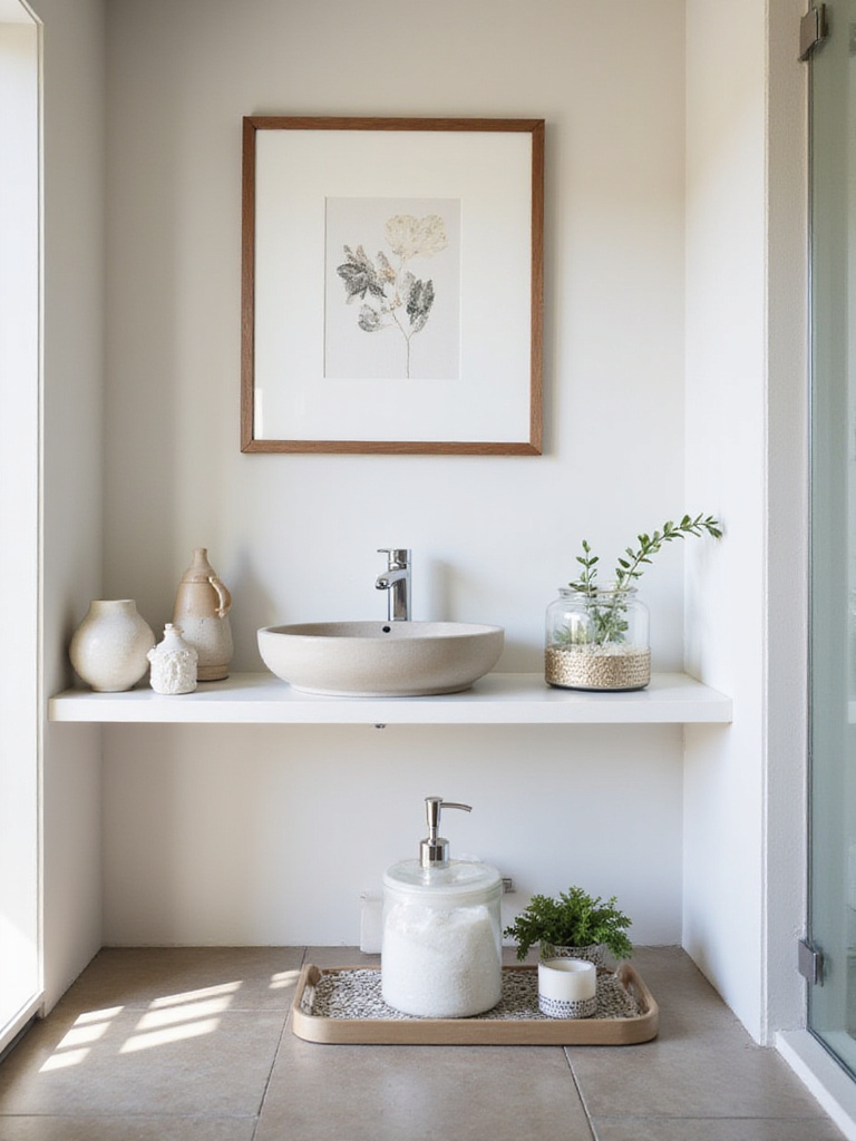 Modern bathroom vanity with abstract art and decorative accessories on a shelf and counter, showcasing personalized style.