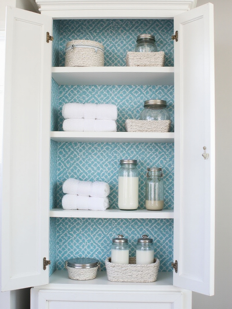 Interior of a white bathroom cabinet with open doors, showing shelves lined with vibrant blue and white patterned shelf liner and neatly organized bathroom items.