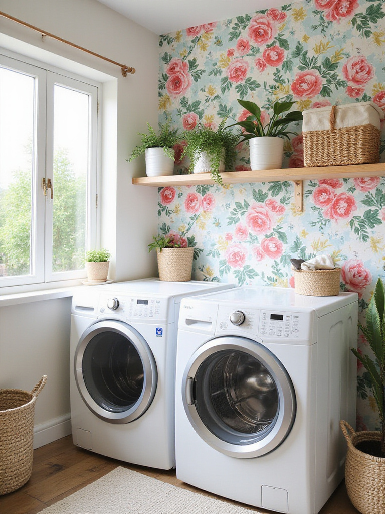 Bright laundry room with removable floral wallpaper and organized appliances.
