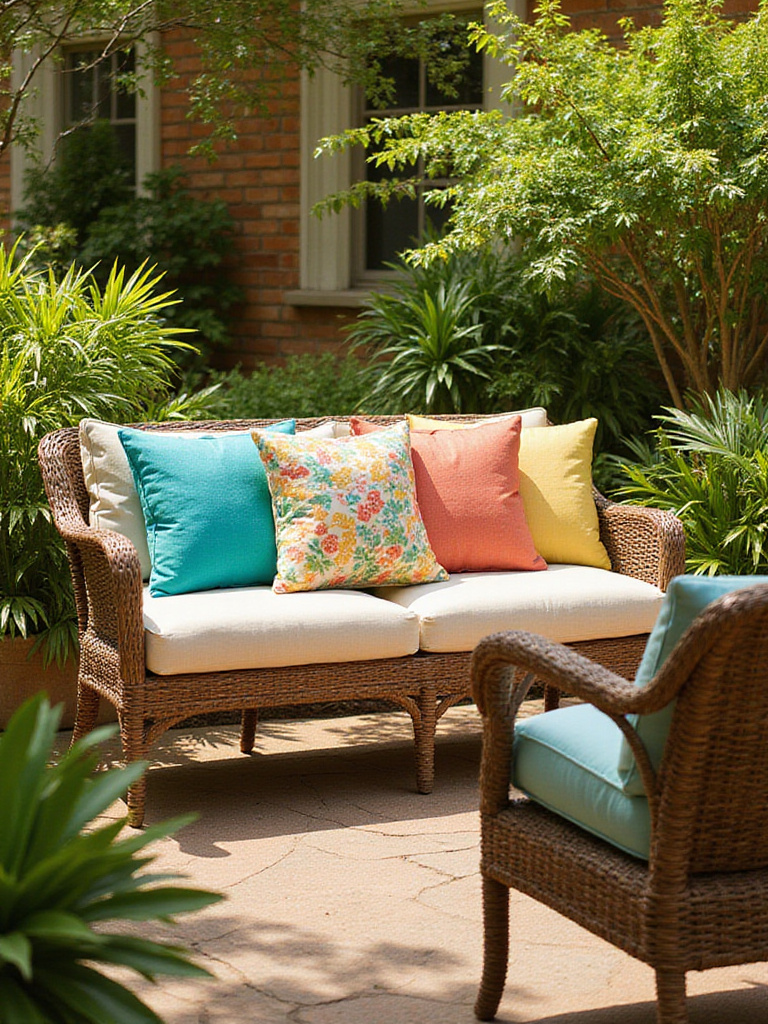 Colorful outdoor cushions on a patio bench and chairs create a vibrant and affordable backyard makeover.