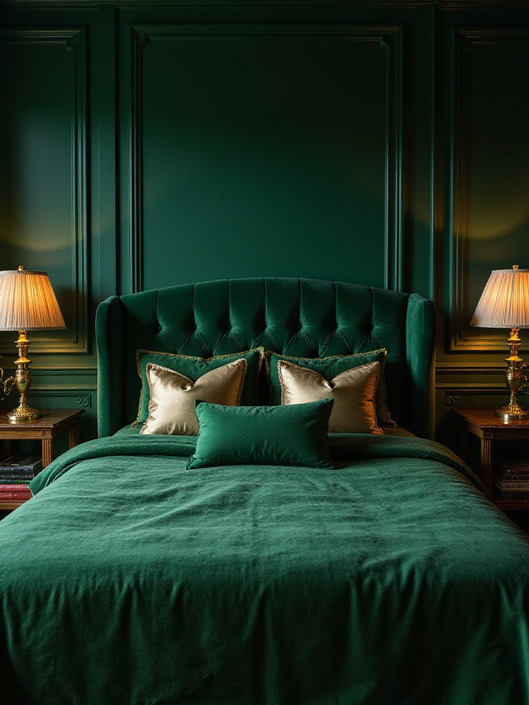 An opulent bedroom painted in a rich emerald green jewel tone, accented with velvet and brass for a luxurious reading experience.