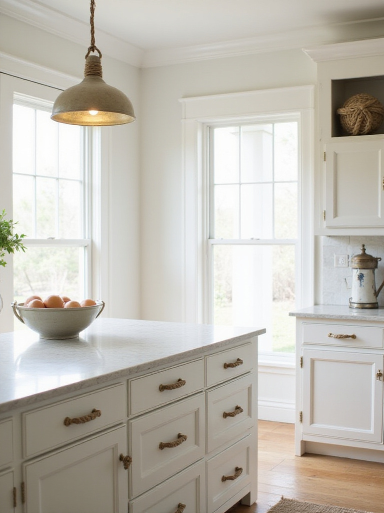 Coastal kitchen featuring light cabinetry, an island, and subtle nautical details like rope cabinet pulls and a rope-wrapped pendant light.