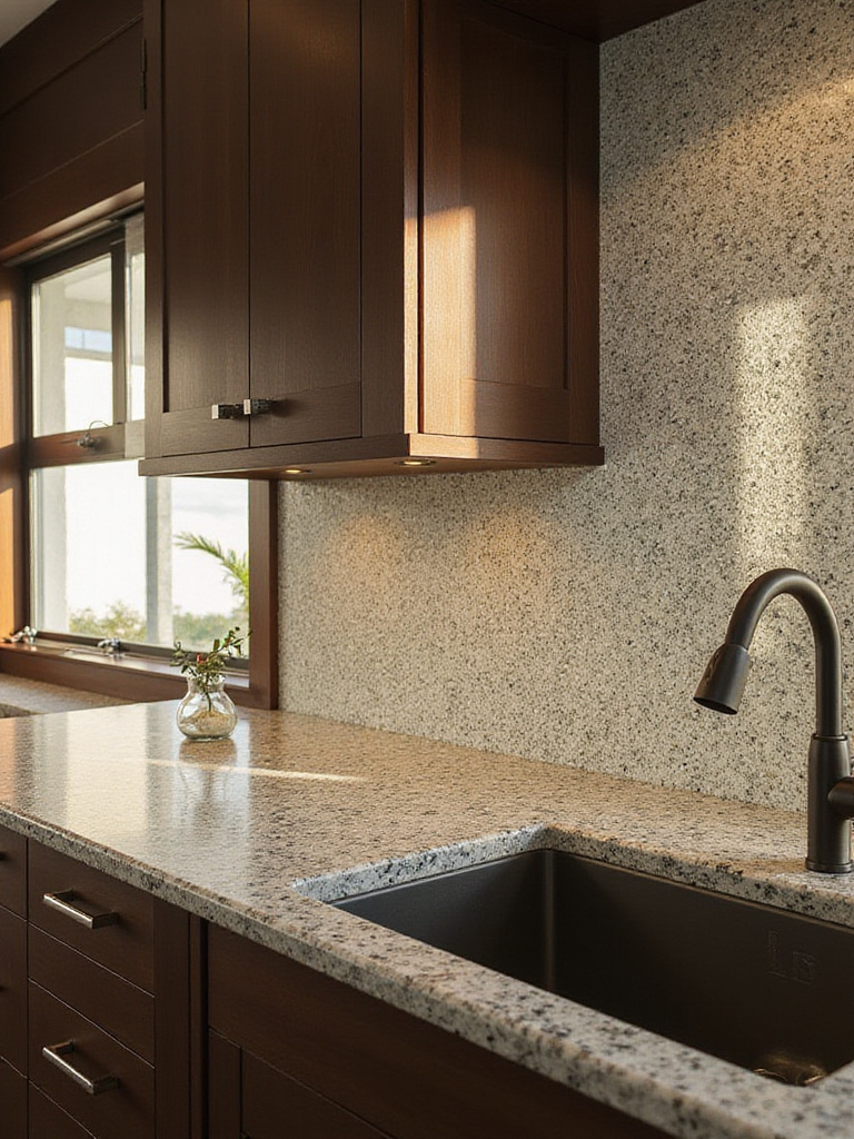 Modern kitchen showcasing textured materials including granite countertop and zellige tile backsplash.