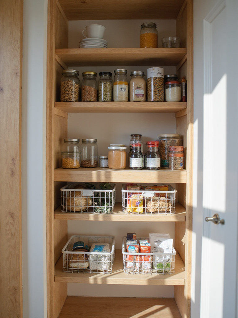 Under-shelf wire baskets installed in a kitchen pantry, holding snack bags and packets below wooden shelves filled with jars and cans, demonstrating efficient vertical storage.