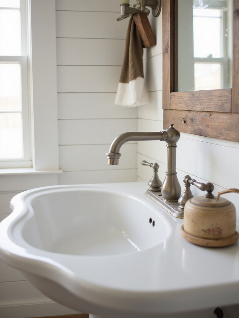 Farmhouse-style bridge faucet in a vintage-style bathroom setting