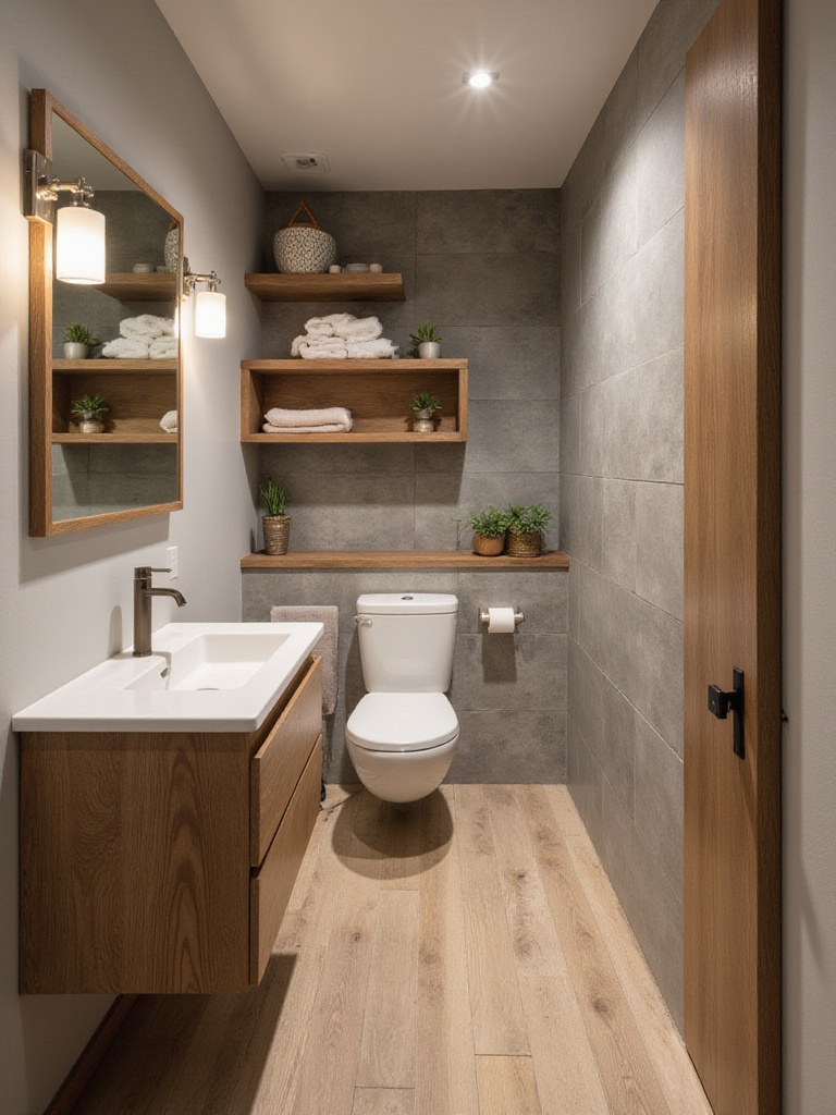 Modern bathroom with a floating wood vanity, open wood shelving, and wood-look tile flooring, creating a warm and stylish space.