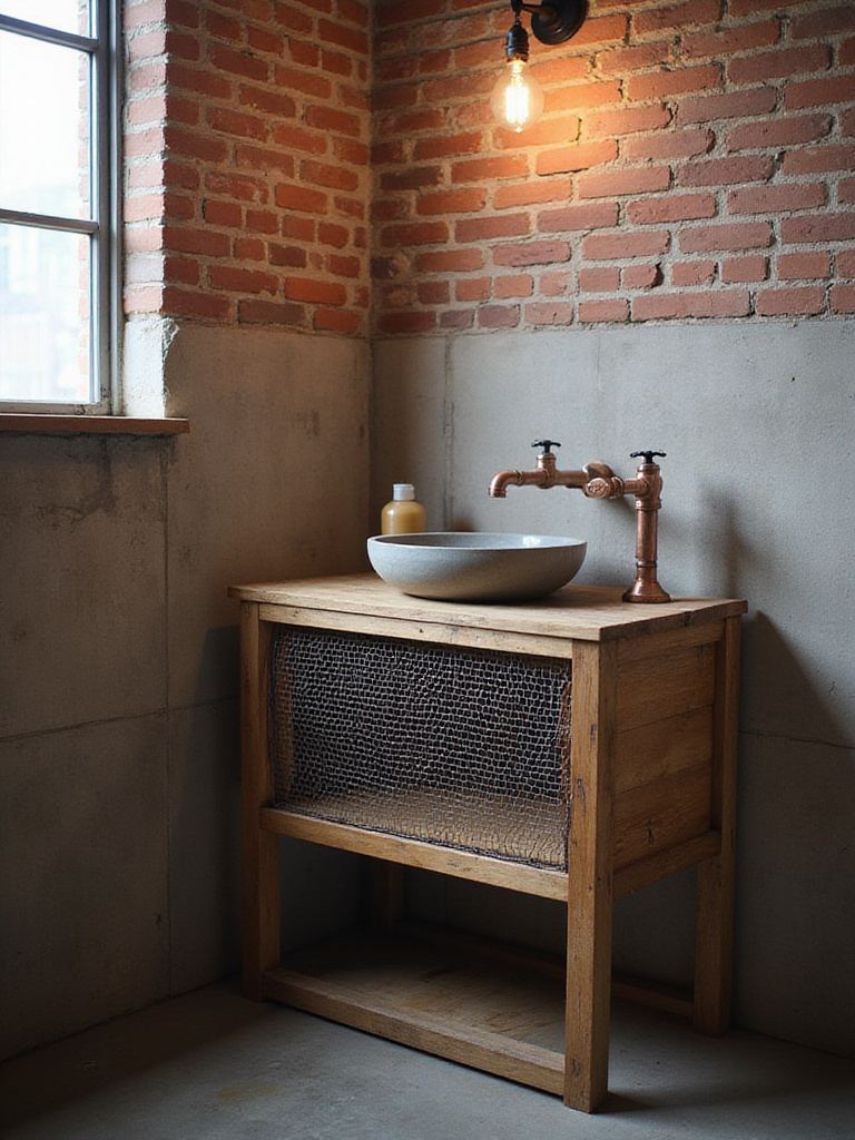 Industrial bathroom vanity with wire mesh cabinet doors