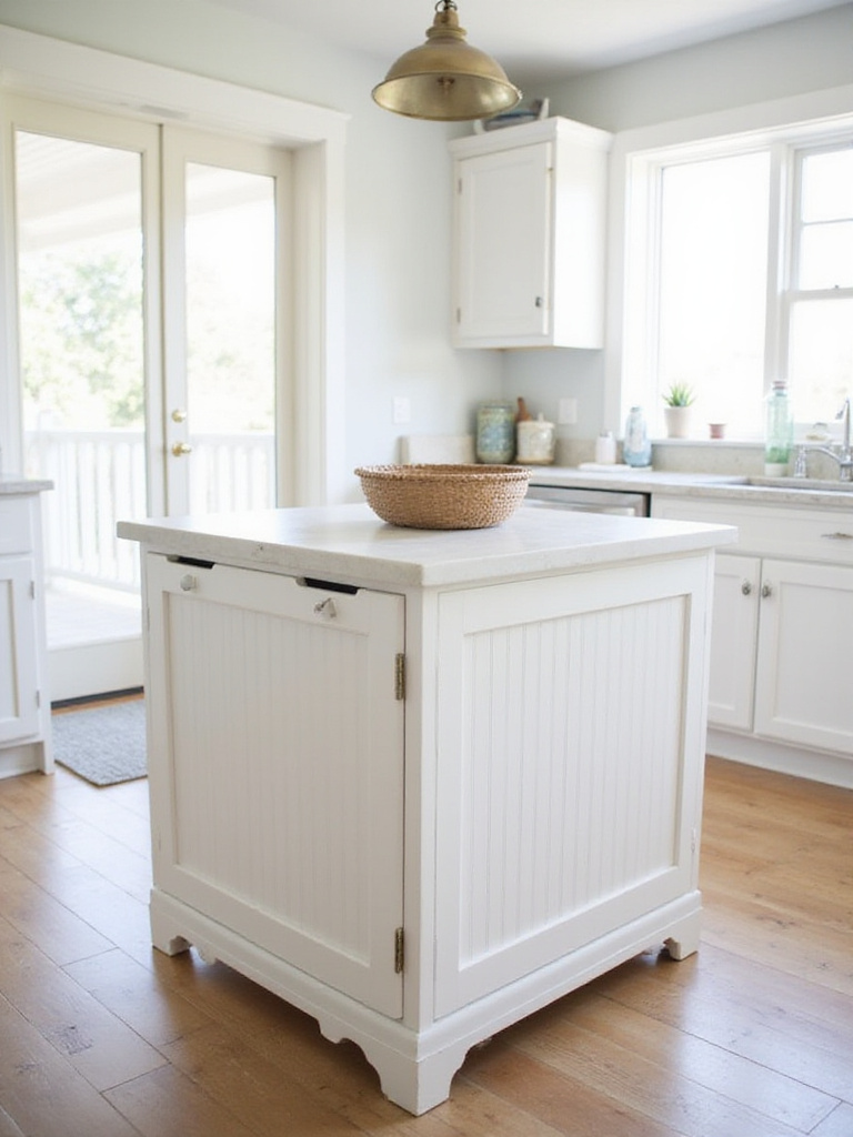 Kitchen island with white painted beadboard front in a bright coastal kitchen.