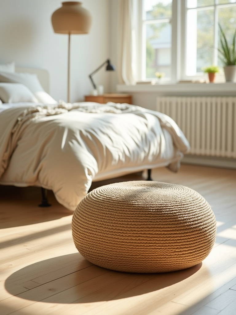 Woven floor pouf in a bright and airy bedroom.