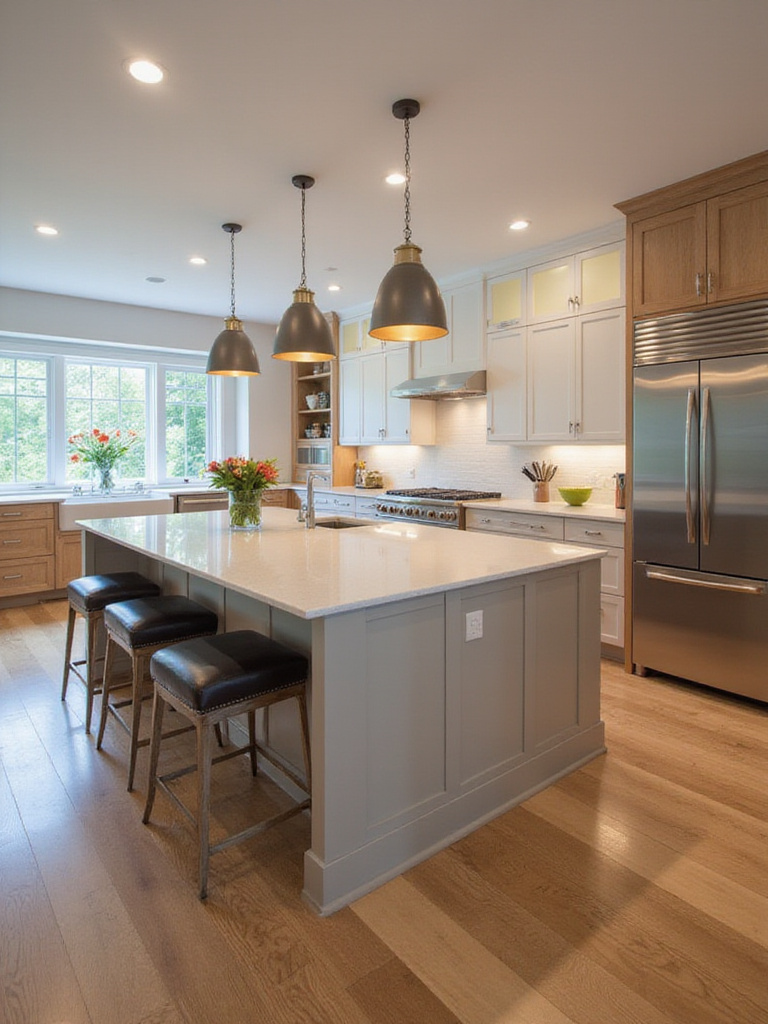 Modern kitchen design featuring a large island with seating, storage, and prep space under pendant lights.