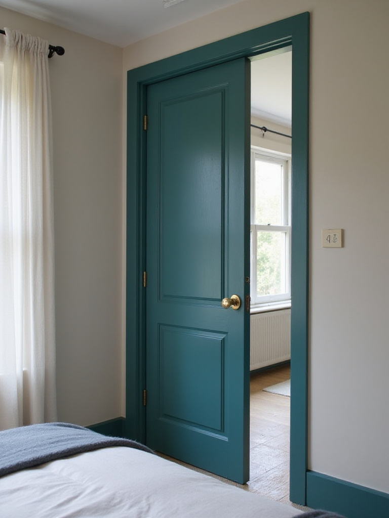 A bedroom with neutral walls and a vibrant deep teal painted interior door, creating a "narrative threshold" into the reading space.