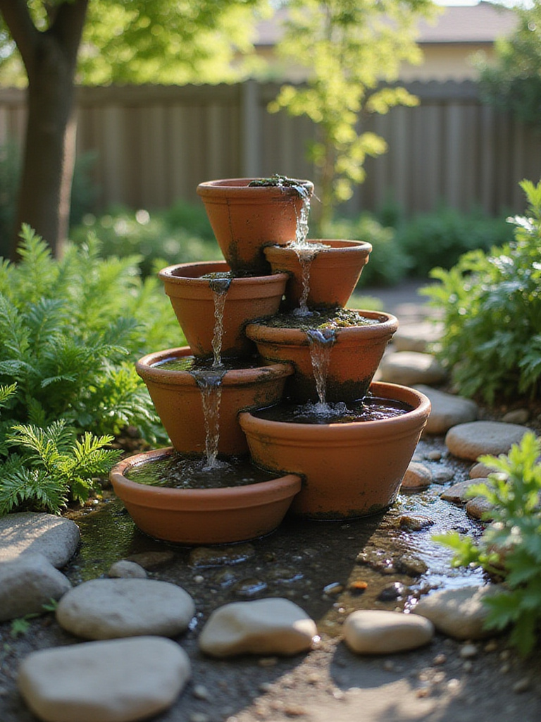 Small, DIY terracotta pot fountain in backyard rock garden