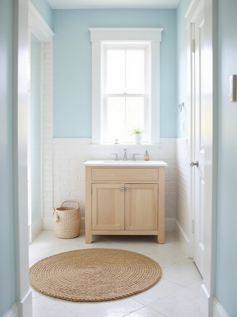 A serene coastal bathroom featuring a round seagrass rug in front of a light wood vanity, highlighting natural textures in beach-inspired decor.