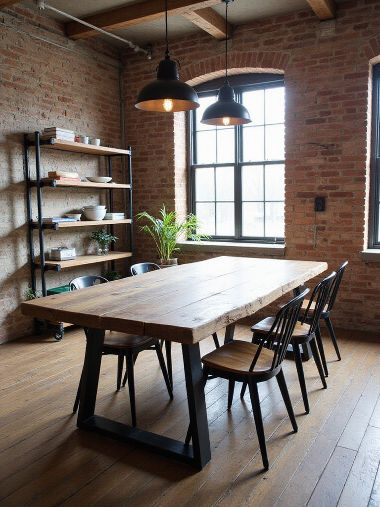 Industrial dining room with a wooden table, metal chairs, and exposed brick wall.