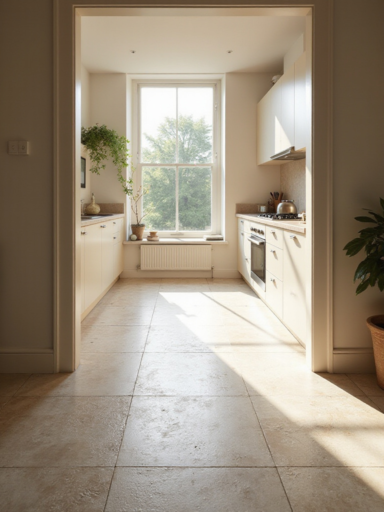 Kitchen floor covered in large format porcelain tiles with a subtle stone-like texture, adding depth and interest to the modern kitchen design.