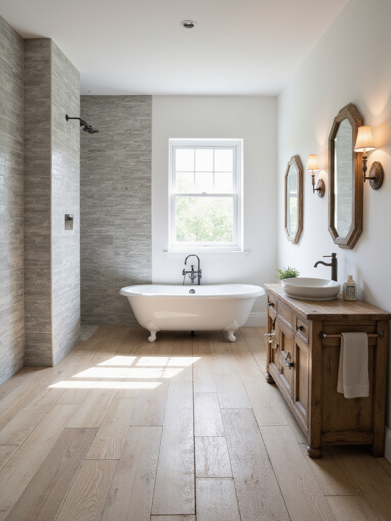 Farmhouse bathroom featuring textured ceramic wood-look floor tiles and stone-look ceramic shower wall tiles, showcasing depth and rustic charm.