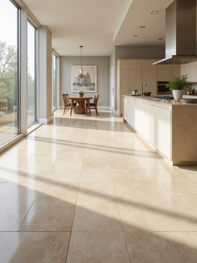 A wide view of a modern kitchen featuring a luxurious floor made of large format honed beige limestone tiles, illuminated by natural light.