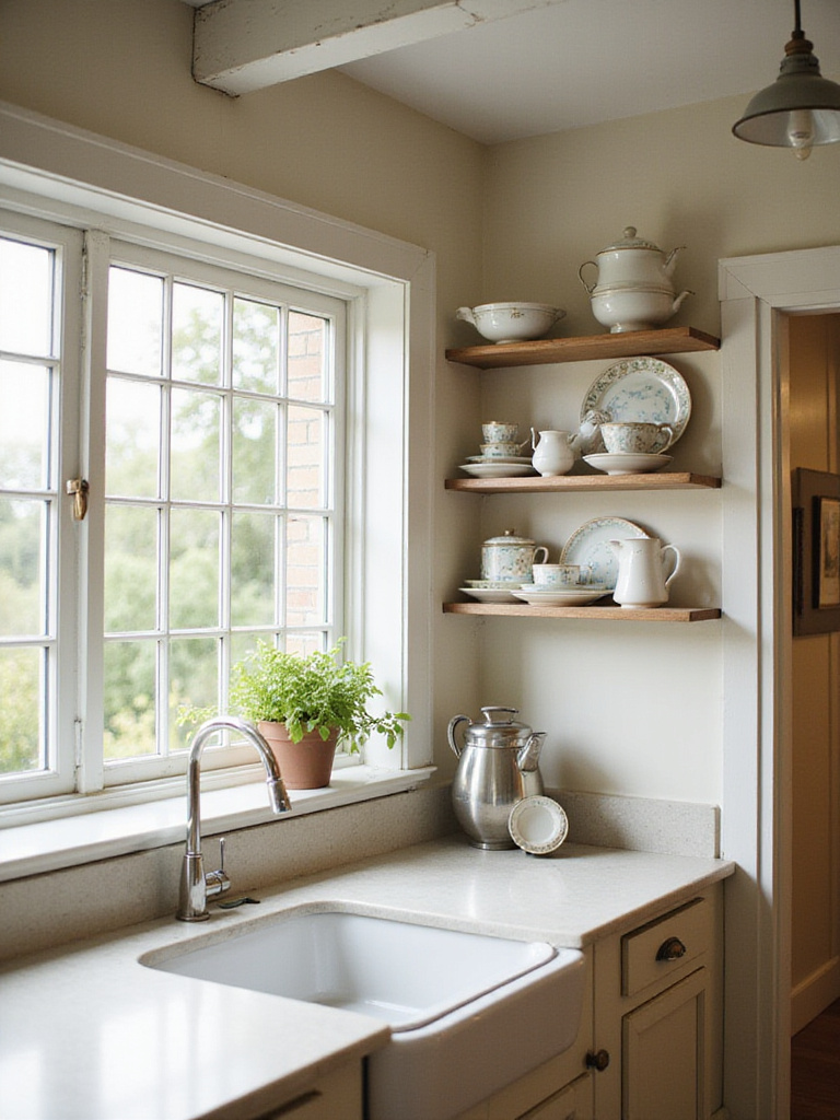 Kitchen with open shelving displaying vintage teacups and plates, creating a personalized and charming space.