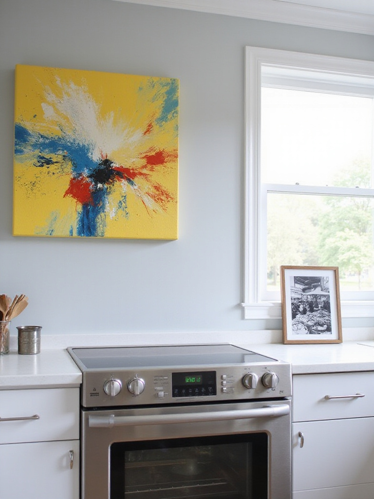Modern kitchen with colorful abstract art above stove and framed photograph on shelf
