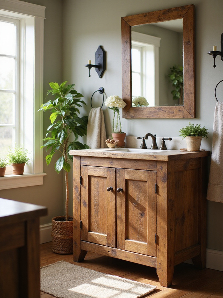 Rustic wood bathroom vanity in a farmhouse bathroom with warm lighting