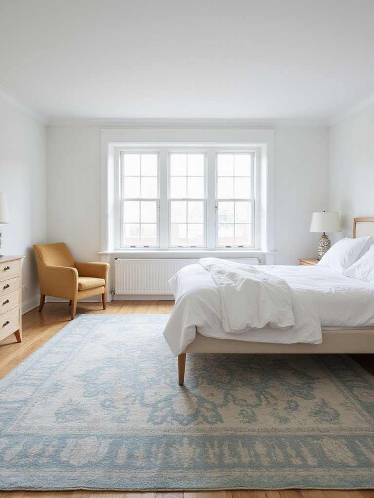 Bedroom with a budget-friendly patterned rug anchoring the space.