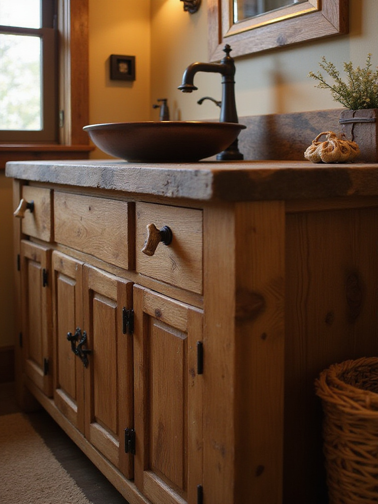 Rustic bathroom vanity with deer antler cabinet pulls.