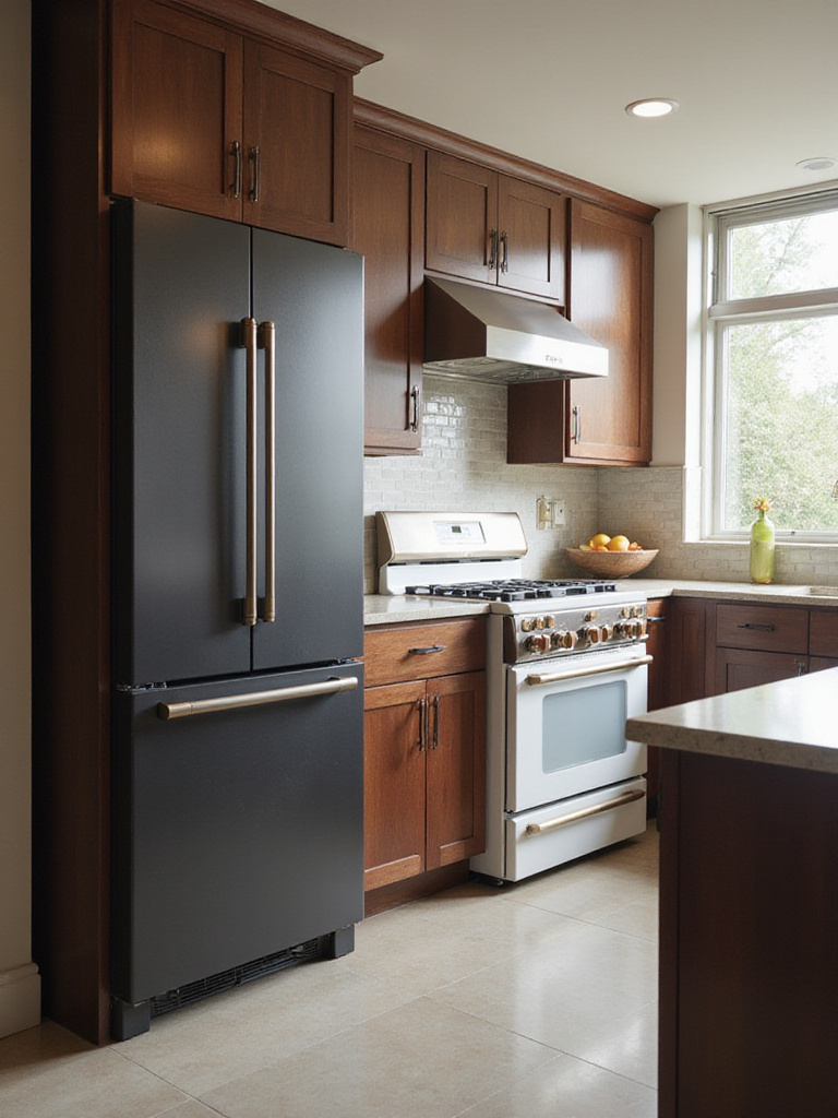 Modern kitchen design showcasing matte black, panel-ready, and white matte appliances with bronze hardware.