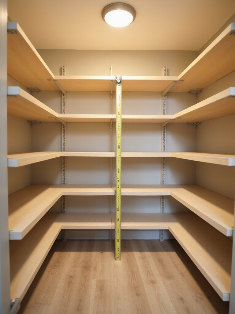 Empty kitchen pantry with shelves and a measuring tape, ready for organization and storage assessment.