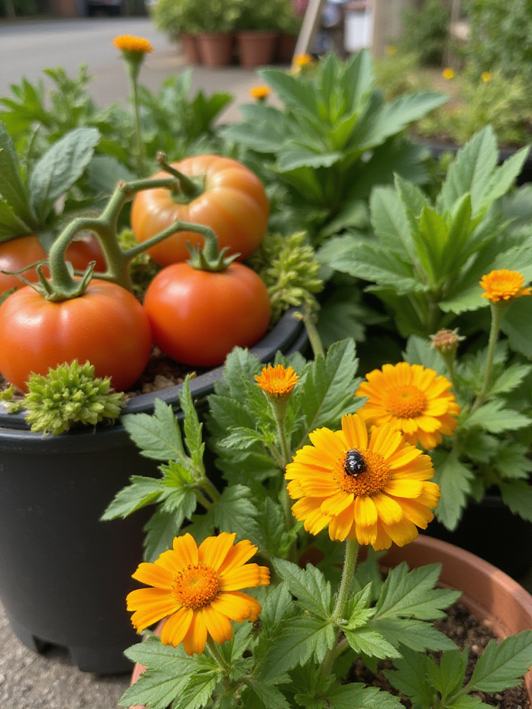 Attracting beneficial insects to a container vegetable garden using companion plants like marigolds and dill for natural pest control.