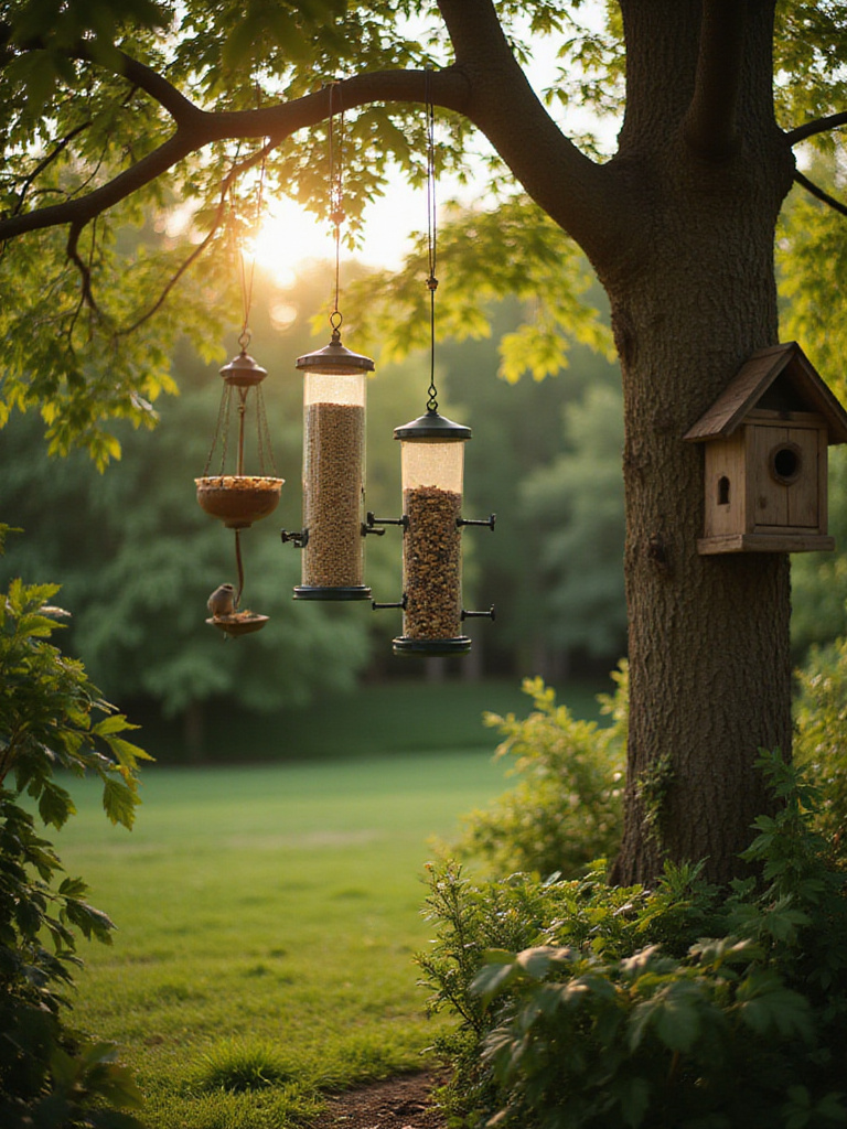 Backyard scene with various bird feeders and a birdhouse, attracting birds to the outdoor space.
