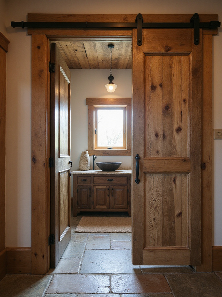 Rustic bathroom with reclaimed wood barn door entry.