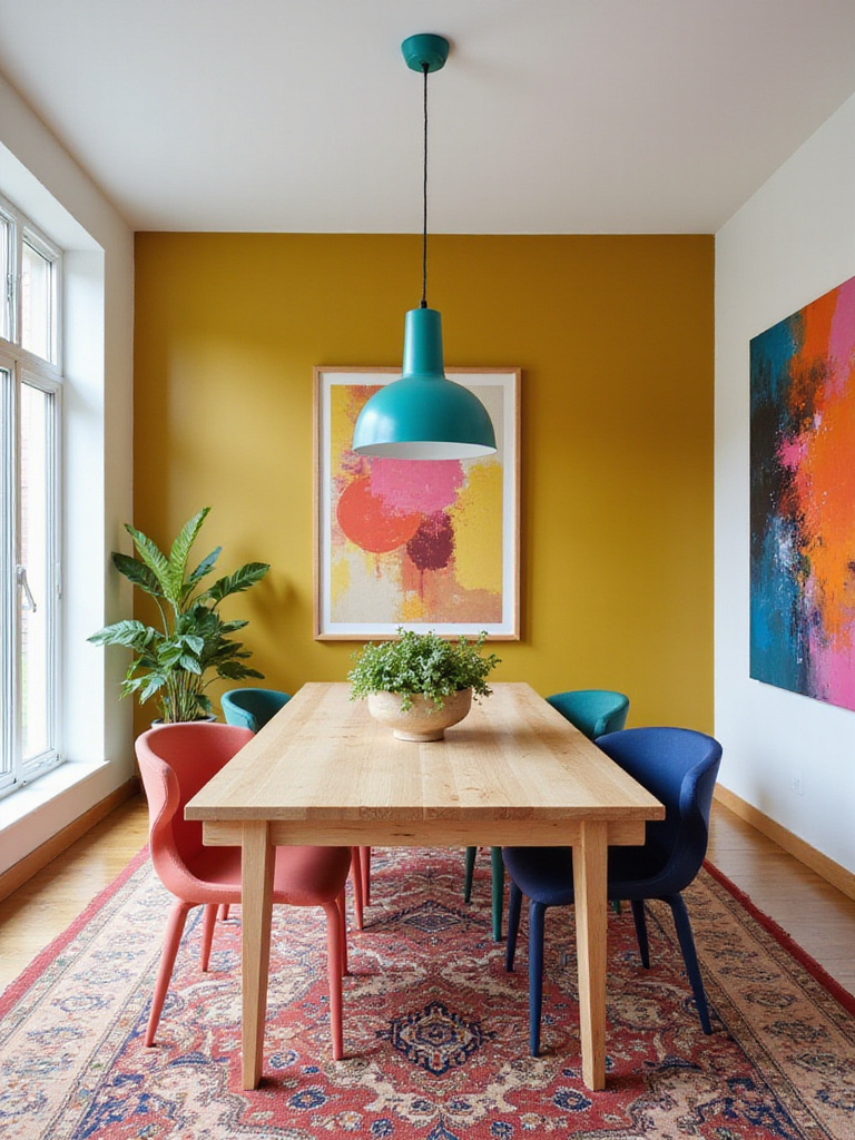 A modern dining room showcasing a vibrant color palette with mixed colorful chairs, a mustard yellow accent wall, and abstract art.