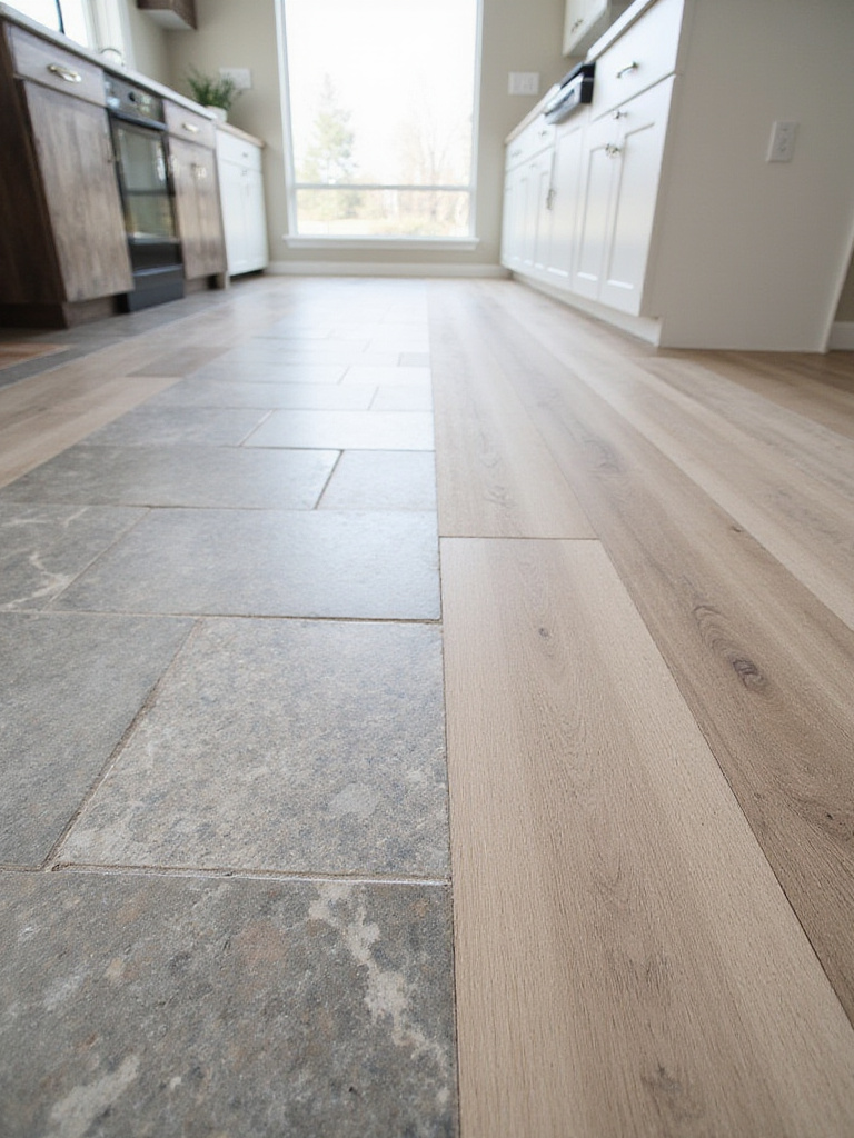 Kitchen floor featuring a combination of natural stone (granite and slate) and wood-look luxury vinyl tile.