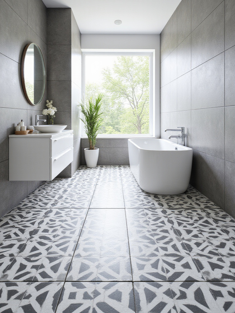 Modern bathroom interior with a bold geometric patterned tile floor and simple grey walls.