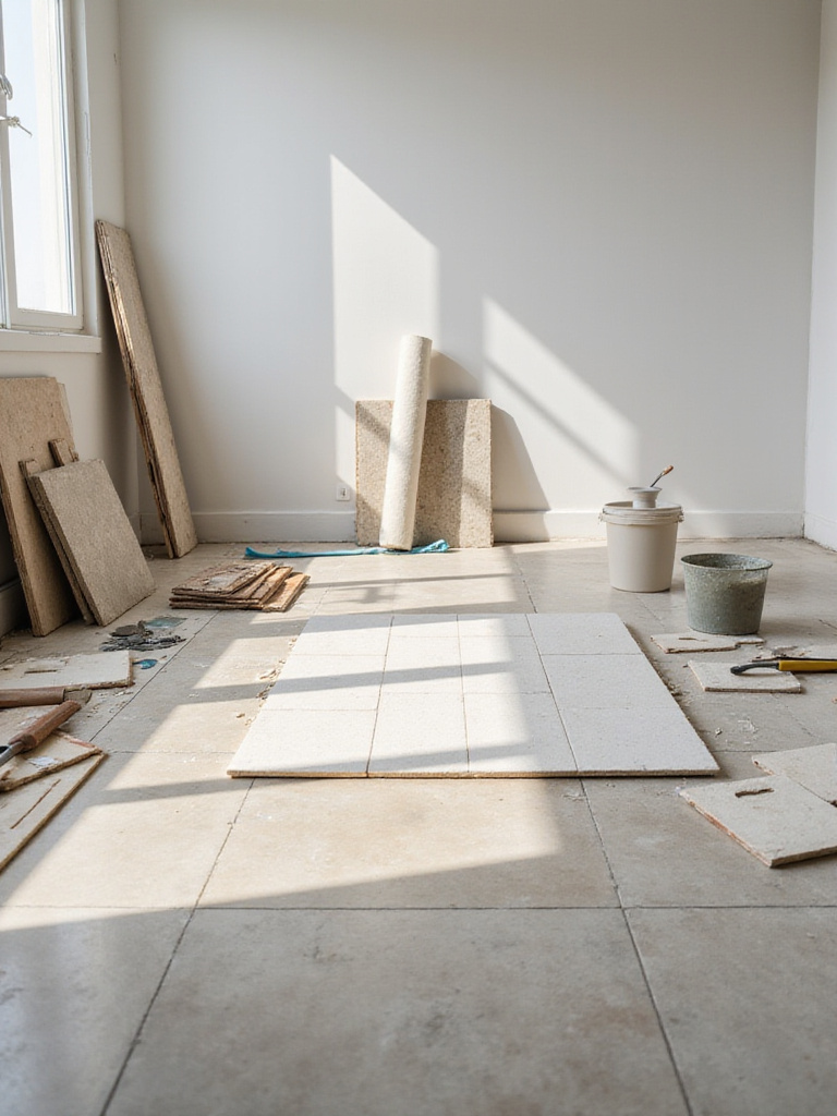A kitchen floor tiling project showing various materials like different tiles, mortar, grout, and tools laid out in a clean, organized manner, illustrating the components of tile flooring cost.