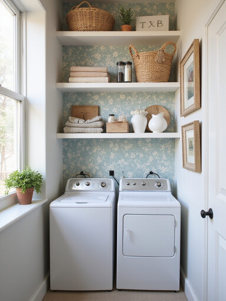 Laundry room with open shelves featuring wallpaper for added charm