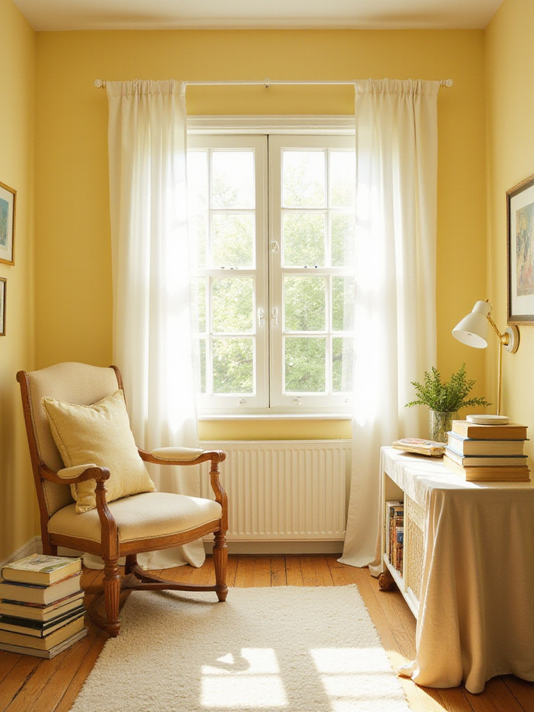 A sunny bedroom painted in soft butter yellow with white trim, creating a bright and energizing morning reading atmosphere.
